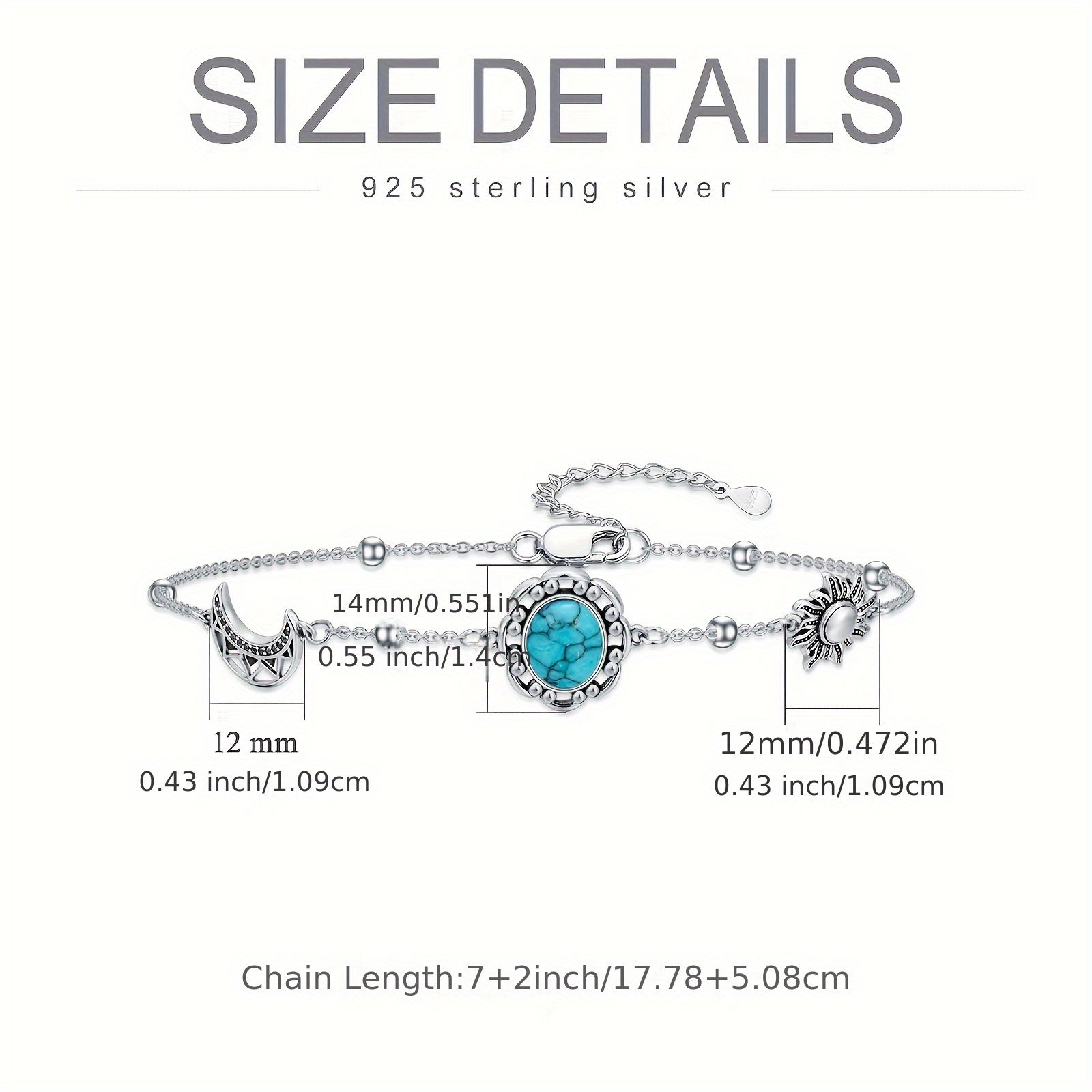 925 Sterling Silver Sun And Moon Bracelet Boho Turquoise